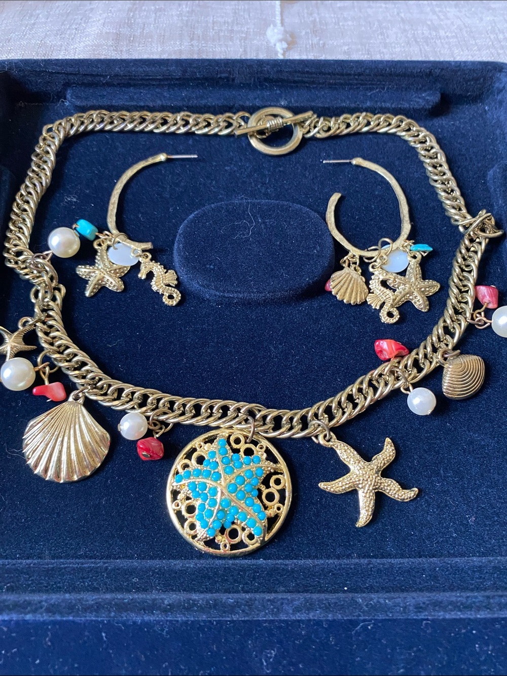 Del Mar Sea Charm Necklace and Hoop Earrings Set with Turquoise Accents